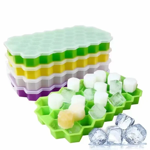 37-grid honeycomb silicone ice cube tray with lid – reusable food-grade mold