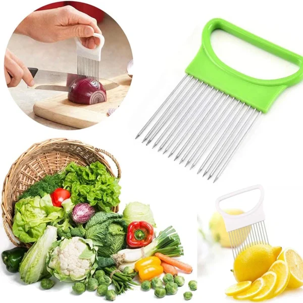 Onion holder slicer with stainless steel prongs for cutting vegetables and meat
