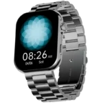 Front view of the Ronin R-09 Luxe Smart Watch, featuring a silver premium casing and a leather strap, with the screen displaying a clock face.