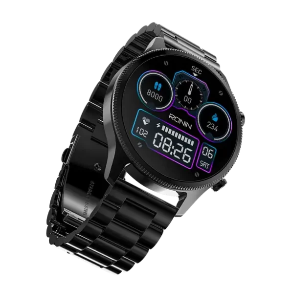 Front view of the Ronin R-10 Luxe Smart Watch, featuring a silver premium stainless steel casing and a high-grade strap, with the new interface displayed.