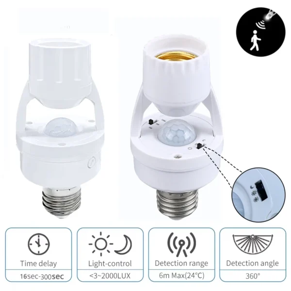 White motion sensor bulb holder that screws into a light socket, showing the PIR sensor and the two adjustable controls for the time delay (16-300 sec) and light control (LUX).