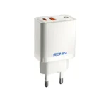 Ronin R-6050 Dual Port Charger Adapter, a wall plug with both a USB Type-C port (20W PD) and a standard USB-A connector for charging two devices simultaneously.