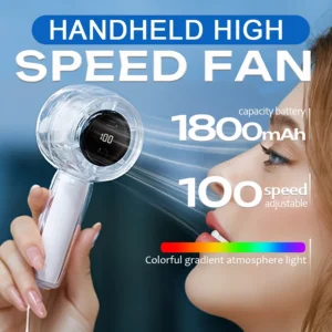 Clear high-speed handheld fan with 100 stepless speeds, LED light, and USB charging.