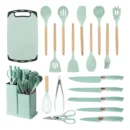 19 piece black silicone spatula set and kitchen knife kit in storage bucket
