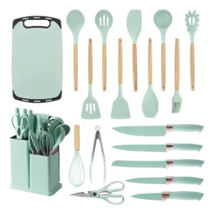 19 piece black silicone spatula set and kitchen knife kit in storage bucket