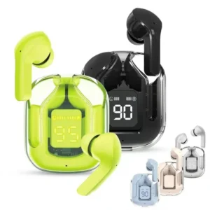 Transparent Air 31 earphones with an illuminated LED power digital display charging case.