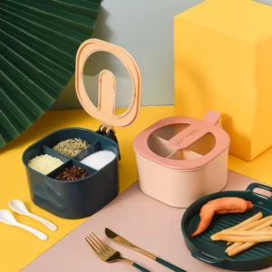 Four-grid kitchen seasoning box suit with transparent lids and matching serving spoons on a clean countertop.