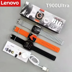 Rugged 49mm T900 Ultra smart watch with an AMOLED screen showing health-tracking widgets.