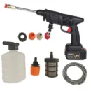Cordless high-pressure electric water gun for car washing with copper nozzle and water pipe.