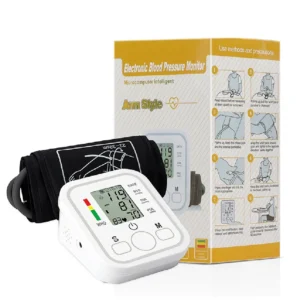 Automatic digital BP kit with an upper arm cuff sensor and an LCD screen displaying blood pressure readings.