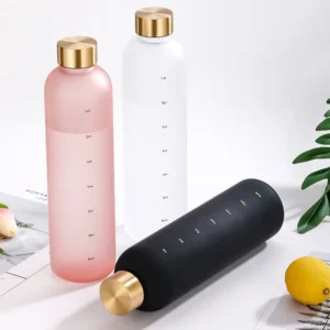 1L sports water bottle with time markers and leakproof lid for outdoor and gym use.