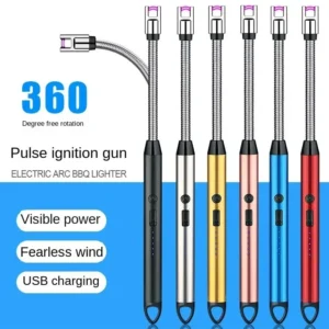 USB rechargeable arc kitchen lighter with a flexible long hose igniting a candle.