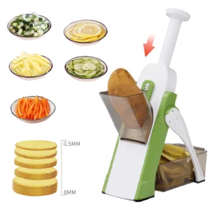 Multi-functional vegetable slicer and food chopper with stainless steel blades for kitchen use. 1