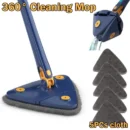 Triangular 360-degree adjustable spin cleaning mop wiping down a tall bathroom wall tile surface.