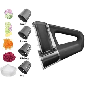 Portable 40W electric grater and rotary slicer with 4 different blade shapes for kitchen use.