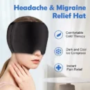 Gel ice migraine relief cap being worn comfortably over the eyes and forehead for cooling pressure relief.