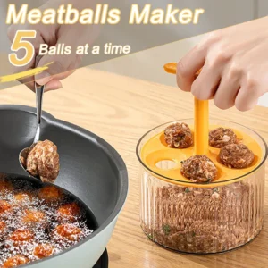 Translucent plastic kitchen meatball maker tool shaping uniform meatballs on a kitchen counter.