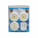 Battery-operated LED light with remote control and touch sensor for under-cabinet and closet use.