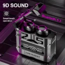 TWS M25 earbuds with futuristic charging case and digital battery display for smartphones.