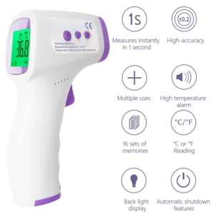 Medical non-contact digital thermometer pointing at a forehead for quick infrared temperature measurement.