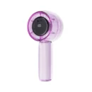 Clear high-speed handheld fan with 100 stepless speeds, LED light, and USB charging.