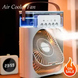 Small portable 3-in-1 air cooler with misting humidifier and LED night light on a bedroom nightstand.