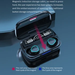 TWS M10 earbuds sitting next to their digital LED display charging case on a flat surface.