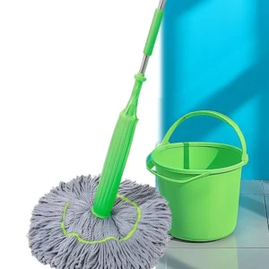 Long-handled 2-in-1 dehydrated cleaning mop being used for wet and dry floor cleaning on hardwood.
