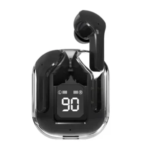Transparent Air 31 earphones with an illuminated LED power digital display charging case.