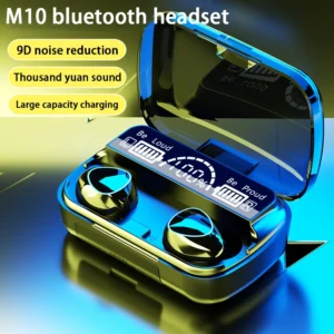 TWS M10 earbuds sitting next to their digital LED display charging case on a flat surface.
