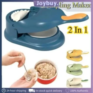 Bright white manual dumpling maker dough press mold sealing a perfect pastry on a flour-dusted kitchen counter.