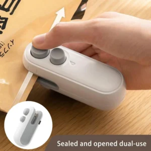 White mini rechargeable bag sealer heating and closing a plastic snack chip bag on a kitchen counter.