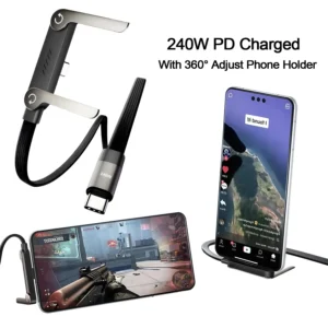 Black braided 240W PD fast charging cable plugged into a smartphone that rests on the cable's built-in foldable stand.