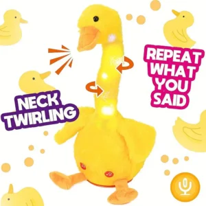 Cute yellow plush talking duck wearing a tiny knitted hat and scarf sitting on a child's colorful bedroom rug.