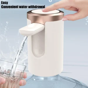 Matte black electric water dispenser pump mounted on a large water bottle dispensing clear water into a glass.