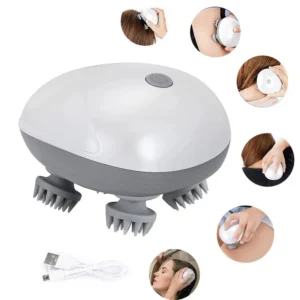 Pure white electric cat massager body tool gently kneading the head of a relaxed gray tabby cat on a soft bed.