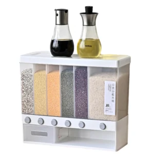 Large 6-grid rotating storage containers holding colorful grains, rice, and beans on a tidy modern kitchen countertop.