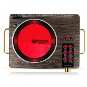 Sleek black electric stove cooker with a glowing red ceramic light wave ring heating a hot pot on a kitchen counter.