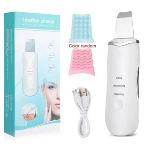 Sleek white facial skin scrubber spatula gliding smoothly along a woman's cheek, clearing away skin impurities.