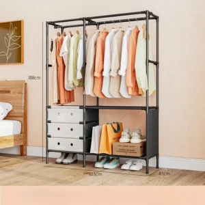 Black metal double row standing coat rack with hung jackets, bags on side hooks, and shoes neatly placed on bottom shelves in an entryway.
