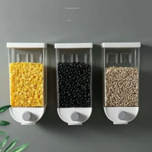 leek transparent wall-mounted grain storage box filled with colorful lentils, rice, and oats on a modern white kitchen wall.