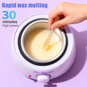 Sleek white electric wax heater with a glowing digital temperature display heating golden wax beads on a clean salon table.