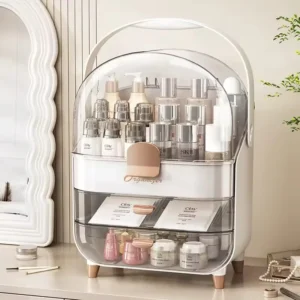 Elegant white extra large cosmetic organizer with a clear dust-proof dome top resting on a clean marble bathroom vanity.