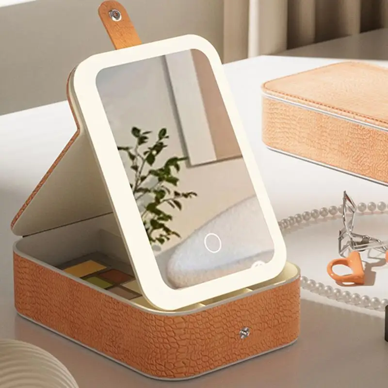 Textured Makeup Bag with Mirror and Light – Portable Travel Cosmetic Case, Organized Accessories and Tools Storage Organizer with Smart 3-Color Lighted LED Mirror