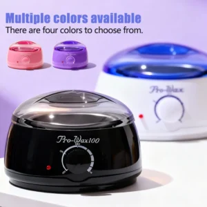 Sleek white electric wax heater with a glowing digital temperature display heating golden wax beads on a clean salon table.