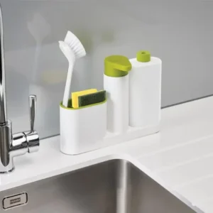 Compact two-tier sink countertop shelf organizer holding hand soap, dish sponges, and cleaning bottles on a kitchen marble counter.